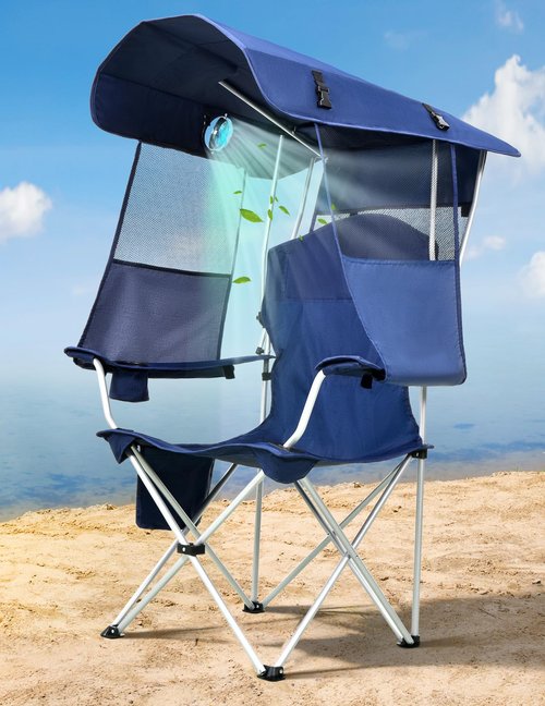 Docusvect Beach Chair with Canopy Shade and Fan – 360° Rotatable & 3-Speed Airflow, Camping Chair with Canopy and Powerful & Quiet Fan, Cup Holder, Side Pocket – Supports 330 LBS