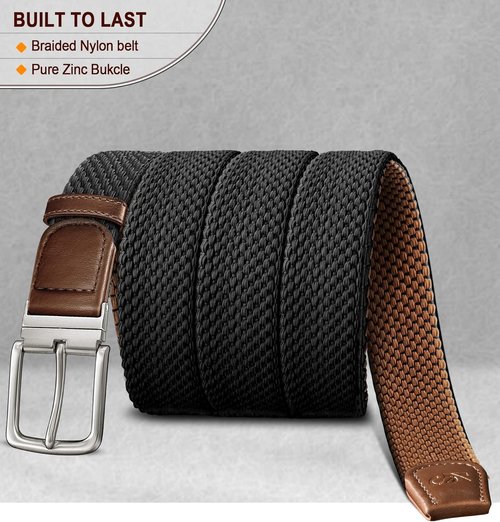 KEMISANT Reversible Braided Belt - Elastic Stretch Design for Men | 1 3/8" Golf Casual Style