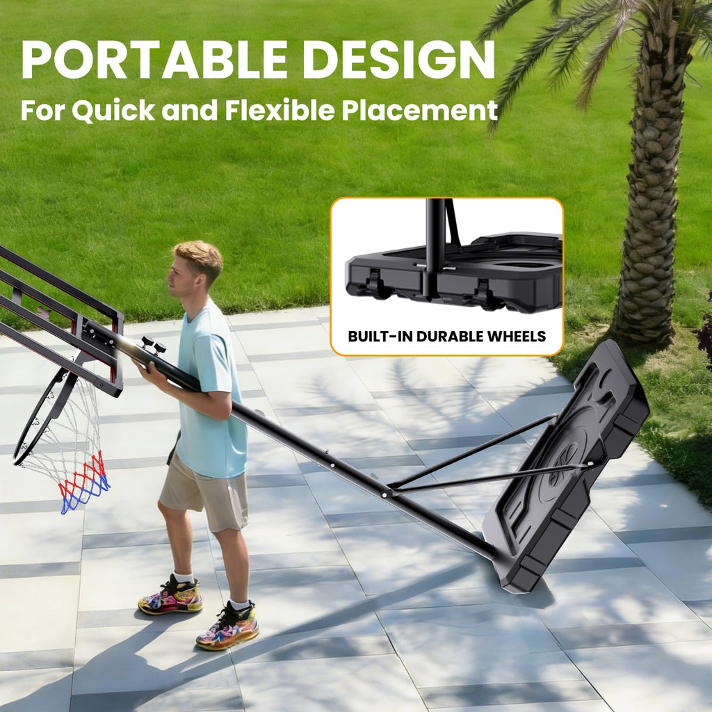 Portable Basketball Hoop for Kids & Teens, 4.1–8.5FT Adjustable Height, 32'' Shatterproof Backboard, Fillable Base with Weight Bag, Outdoor Goal for Backyard & Driveway(Black)