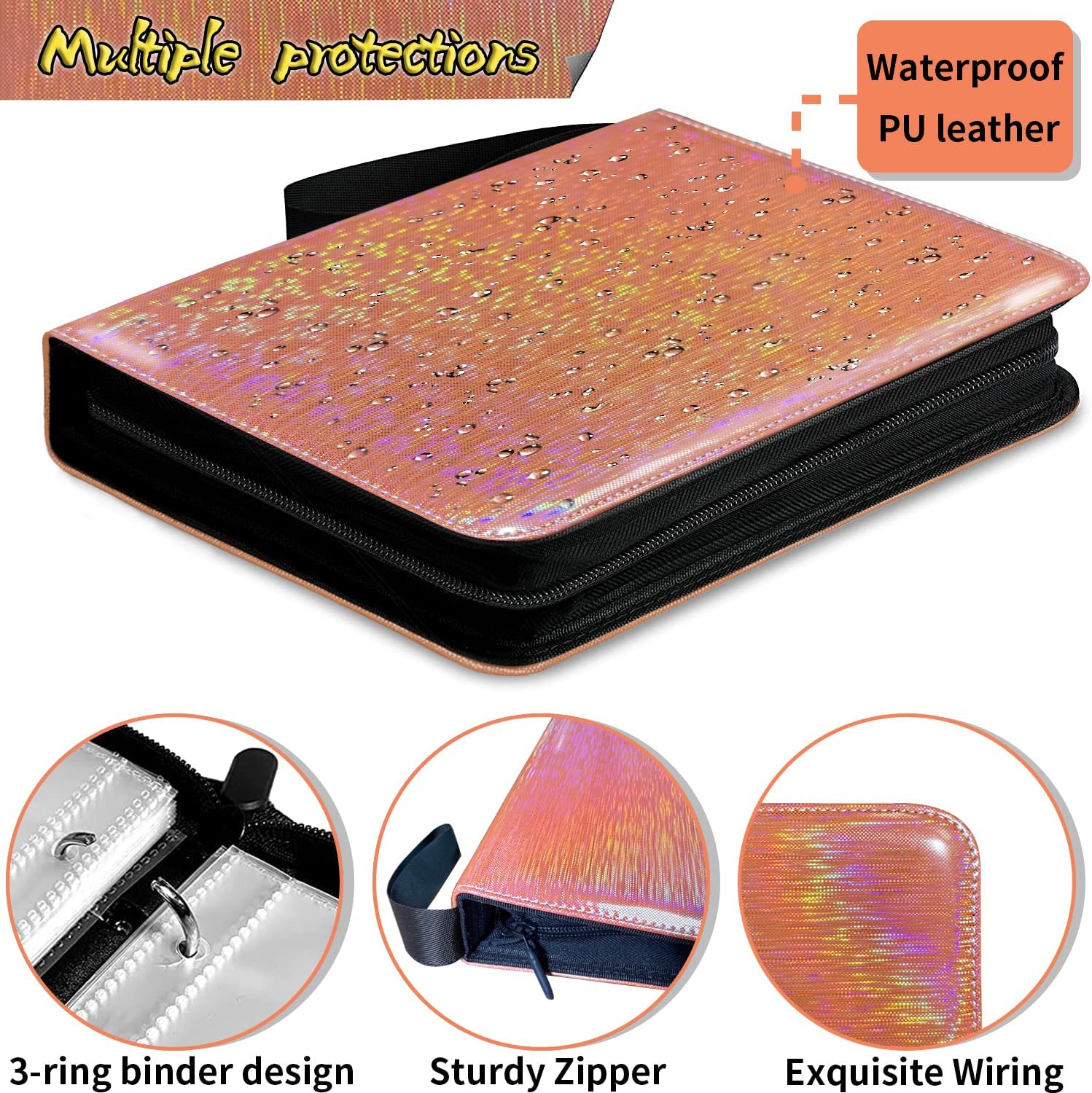 Sparkly Trading Card Binder - 4-Pocket Zippered Album with 50 Removable Pages | Waterproof Storage for 400 TCG/CCG Cards (Orange)