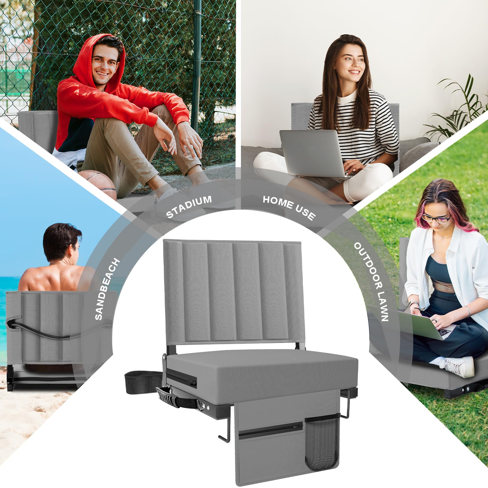 Aliphon Stadium Seat for Bleachers with Back Support and Cushion, Bleacher Seats with Shoulder Strap and Cup Holder, Padded Portable Folding Comfort Stadium Chair, for Sports Events, Grey (1pcs)