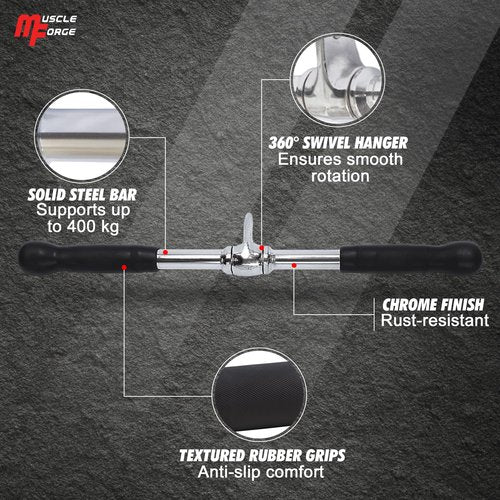 MuscleForge Straight Bar Cable Attachment 20inch – Chrome Rotating Tricep Bar Cable Attachment with Non-Slip Handles – Tricep Pull Down Bar – Gym Accessories for Biceps, Triceps & Back Workouts