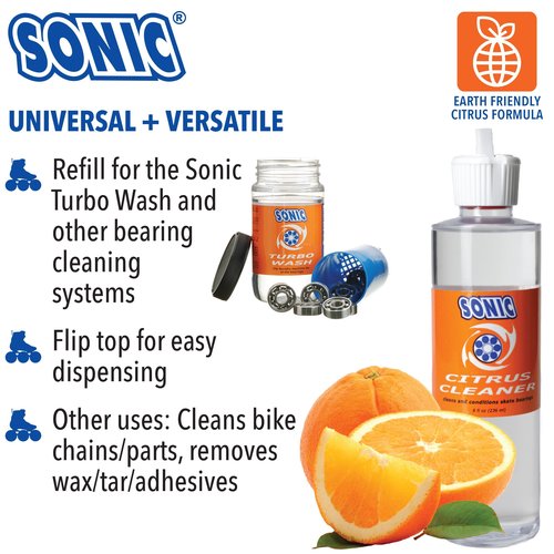 SONIC Citrus Skate Bearing Cleaner, Cleans Inline Skate, Roller Skate and Skateboard Bearings, Earth friendly, 8 oz, Made in USA
