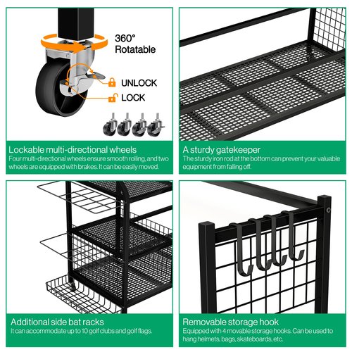 Flibaluly Golf Bag Storage Garage Organizer-Heavy Duty Golf Bag Rack for 3 Golf Bags,Golf Accessories with 4-Tier Shelf and Wheels for Home,Club,Garage and Basement