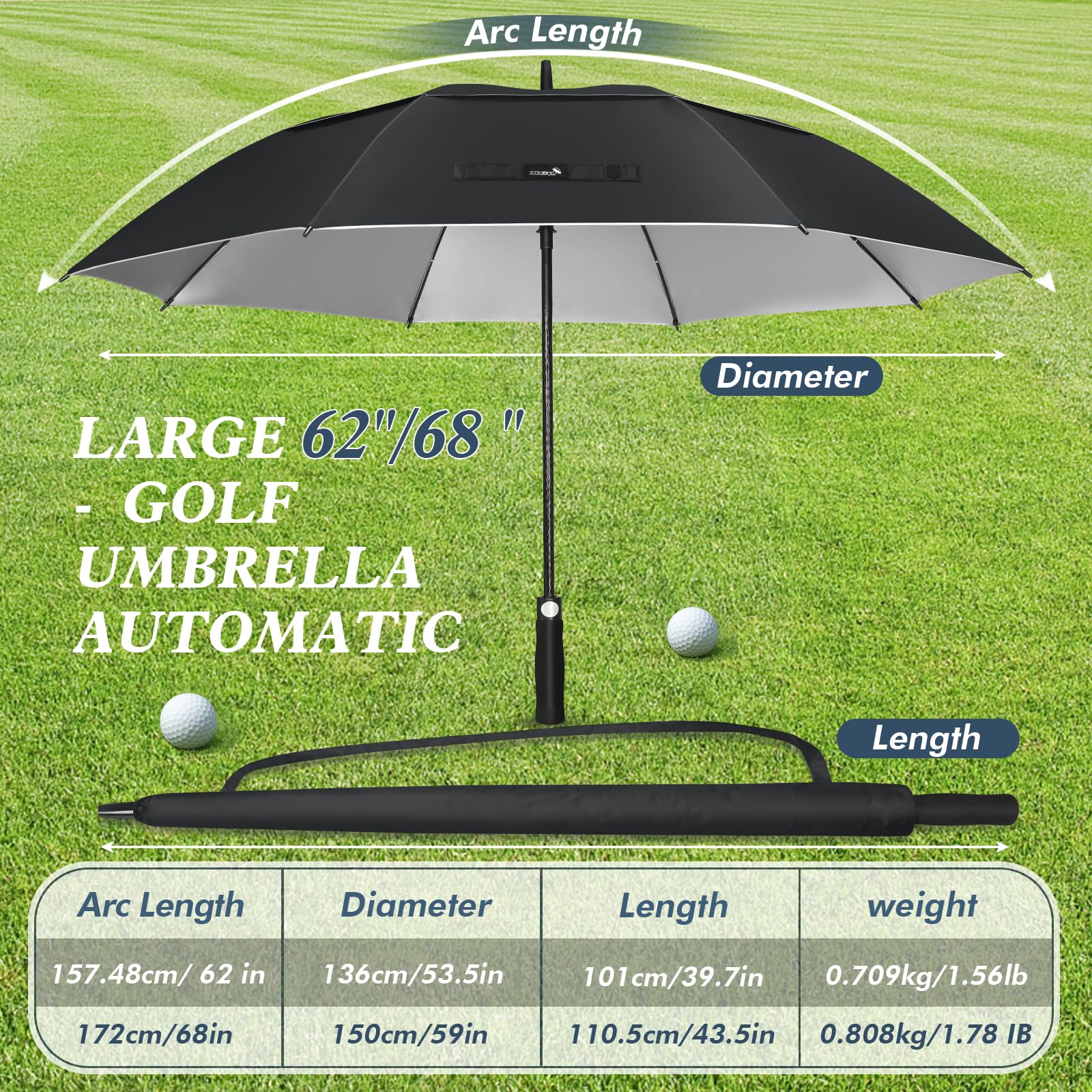 ZOMAKE Large Golf Umbrella UV Potection,62 Inch UV Blocking SPF Umbrellas for Sun Protection Windproof Heavy Duty Vented Double Canopy(Black,Silver)