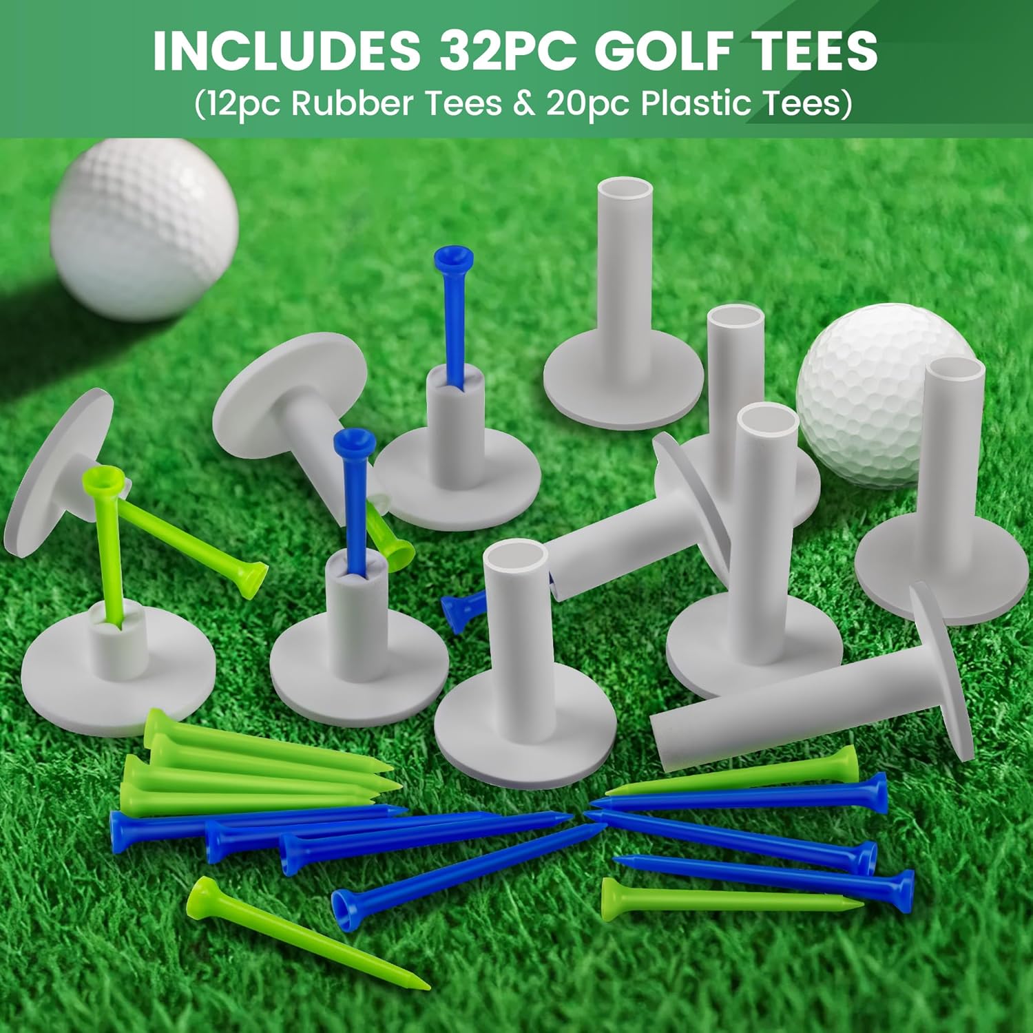 Seticek Rubber Golf Tees - Durable & Stable for Mats | 32 Pcs in 6 Mixed Sizes & 2 Variants