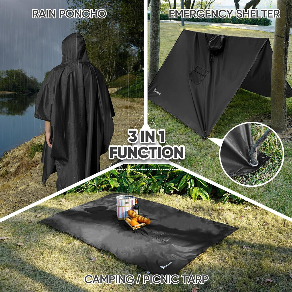 PTEROMY 3-in-1 Hooded Rain Poncho - Waterproof Lightweight Unisex Raincoat for Hiking & Camping