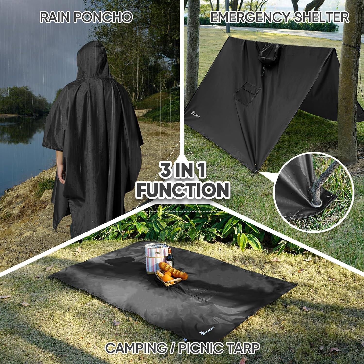 PTEROMY 3-in-1 Hooded Rain Poncho - Waterproof Lightweight Unisex Raincoat for Hiking & Camping