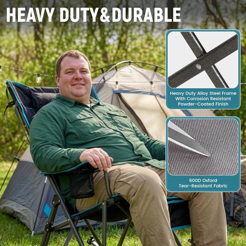 FUNDANGO Oversized Rocking Camping Chair - High Back Padded with Pillows & Cup Holders | Supports 440lbs (Black)