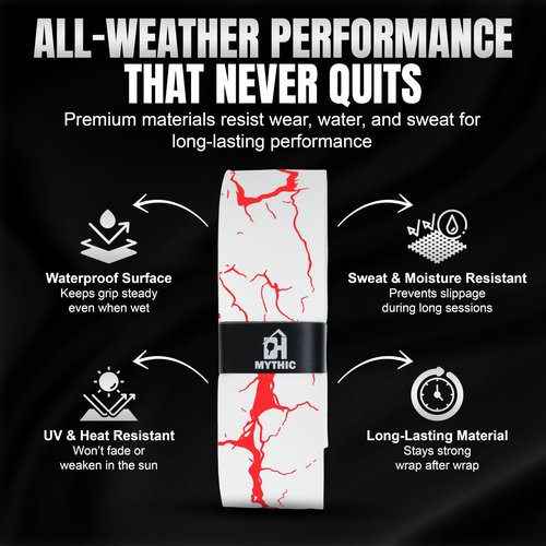 DH Mythic Replacement Grip for Pickleball & Tennis | Anti-Slip, Ultra-Durable, Sweat-Resistant Pickleball Wrap (Lightning Series, White with Red Lightning)