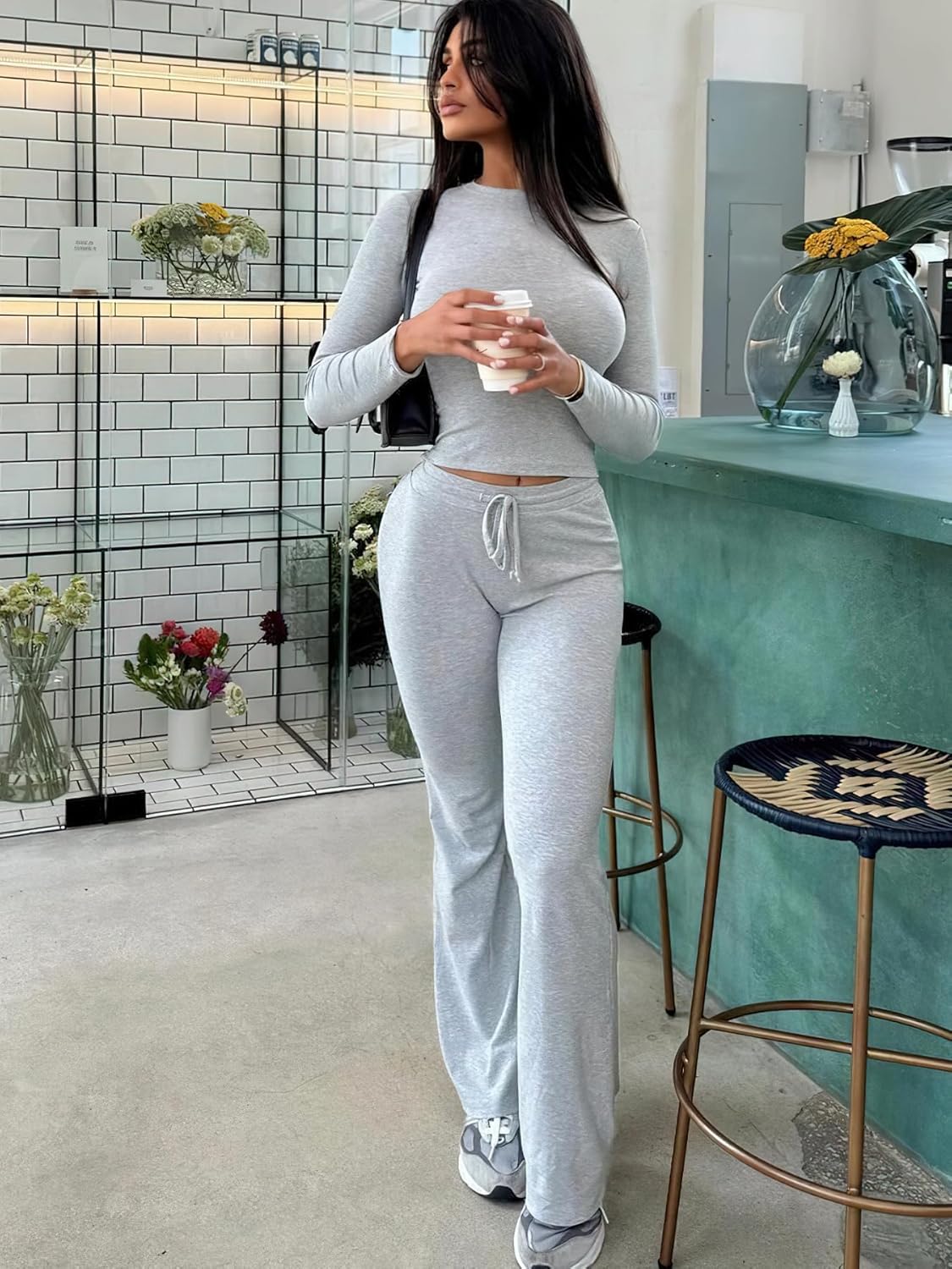 YEOREO Women's Two-Piece Lounge Set - Long Sleeve Top & Drawstring Wide Leg Pants | Ava Matching