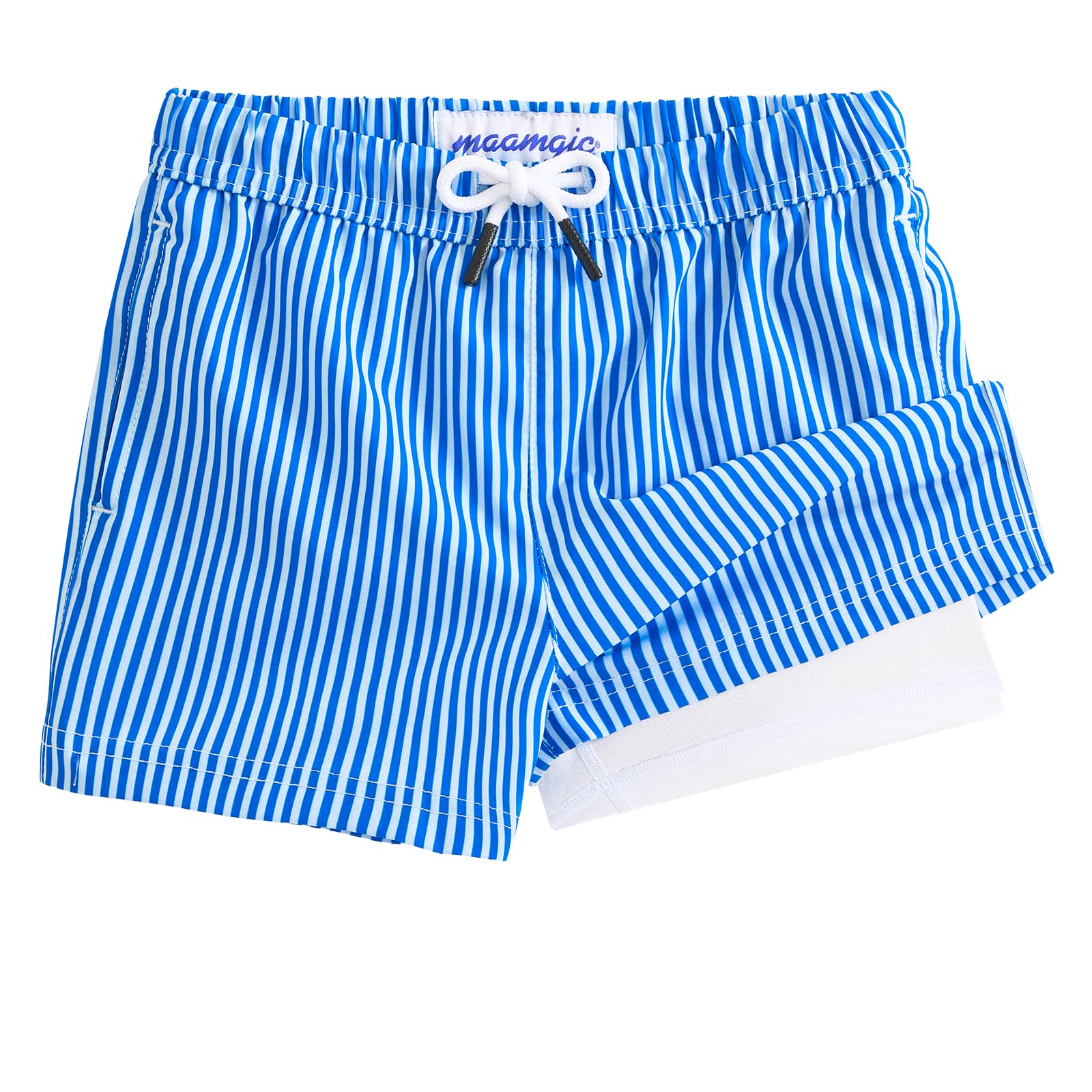 maamgic Boys Swim Trunks with Compression Liner 4-Way Stretch Quick Dry Bathing Suit Toddler Beach Shorts Blue White Stripes 5-6 Years
