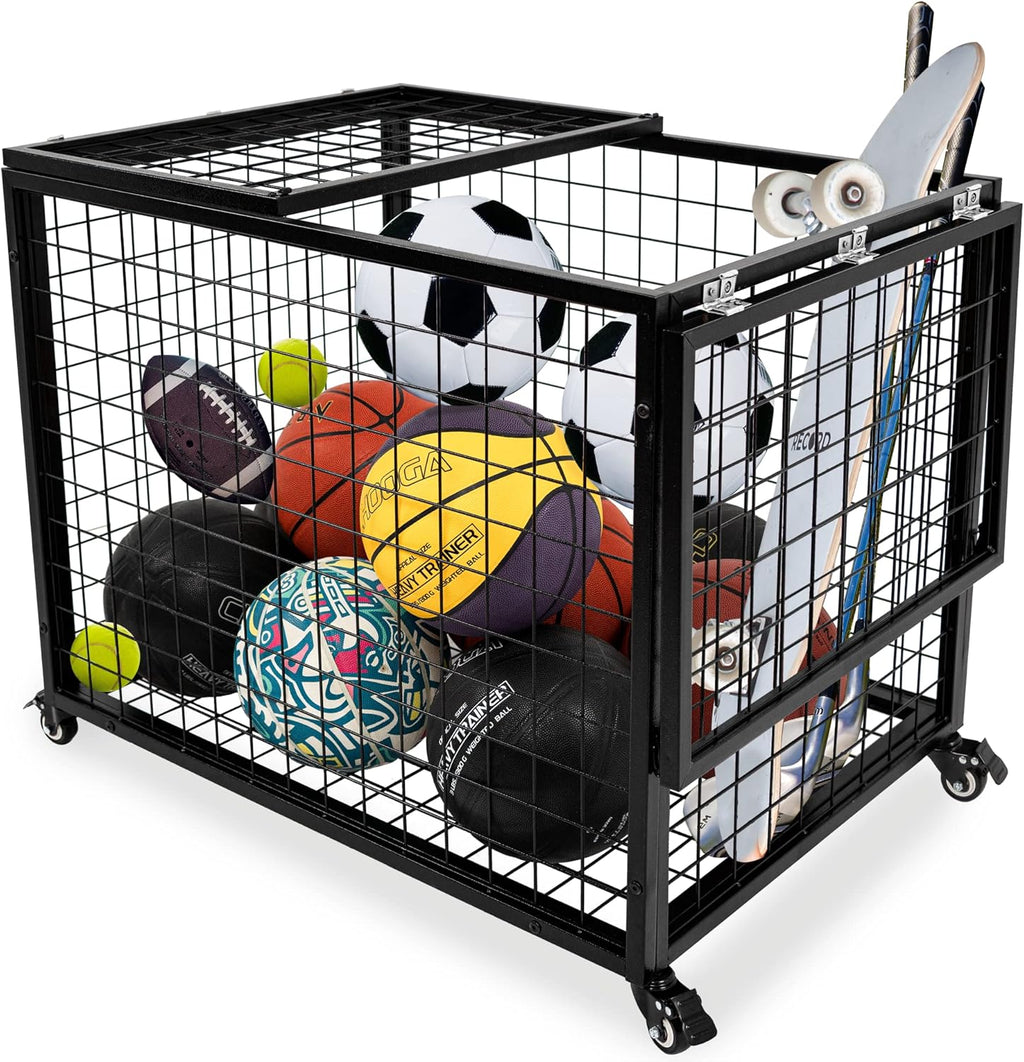Rehomerance Basketball Organizer Cart - Lockable Lid & Rolling Storage Bin for Indoor/Outdoor Use