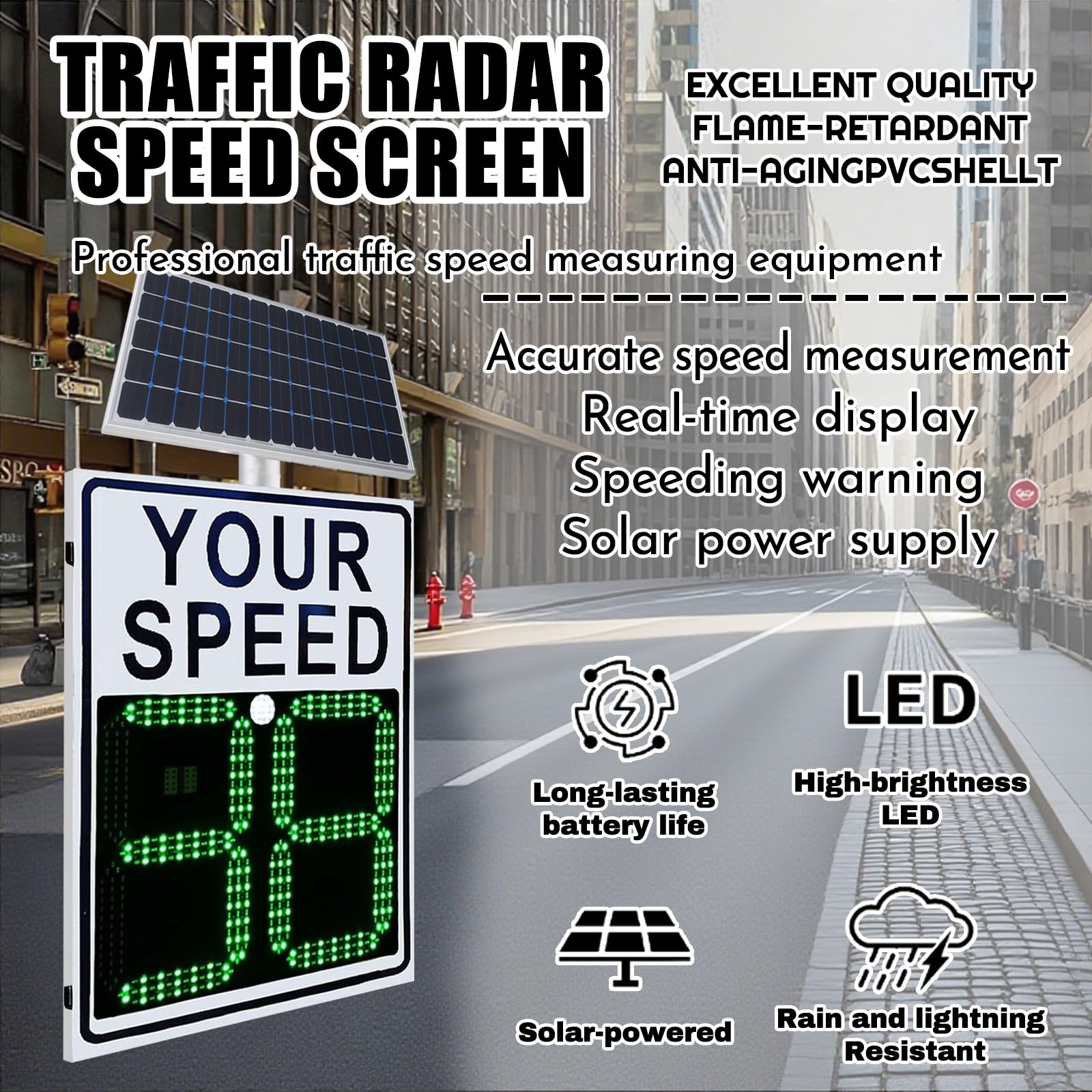 80w Solar LED Radar Speed Signs, Radar Speed Signs, Sign Road Safety Speed Limit Detector, Flashing Speed Limit Indicator,Aluminum Radar Speed Display Road Warning Board(19.6x27.5inch)