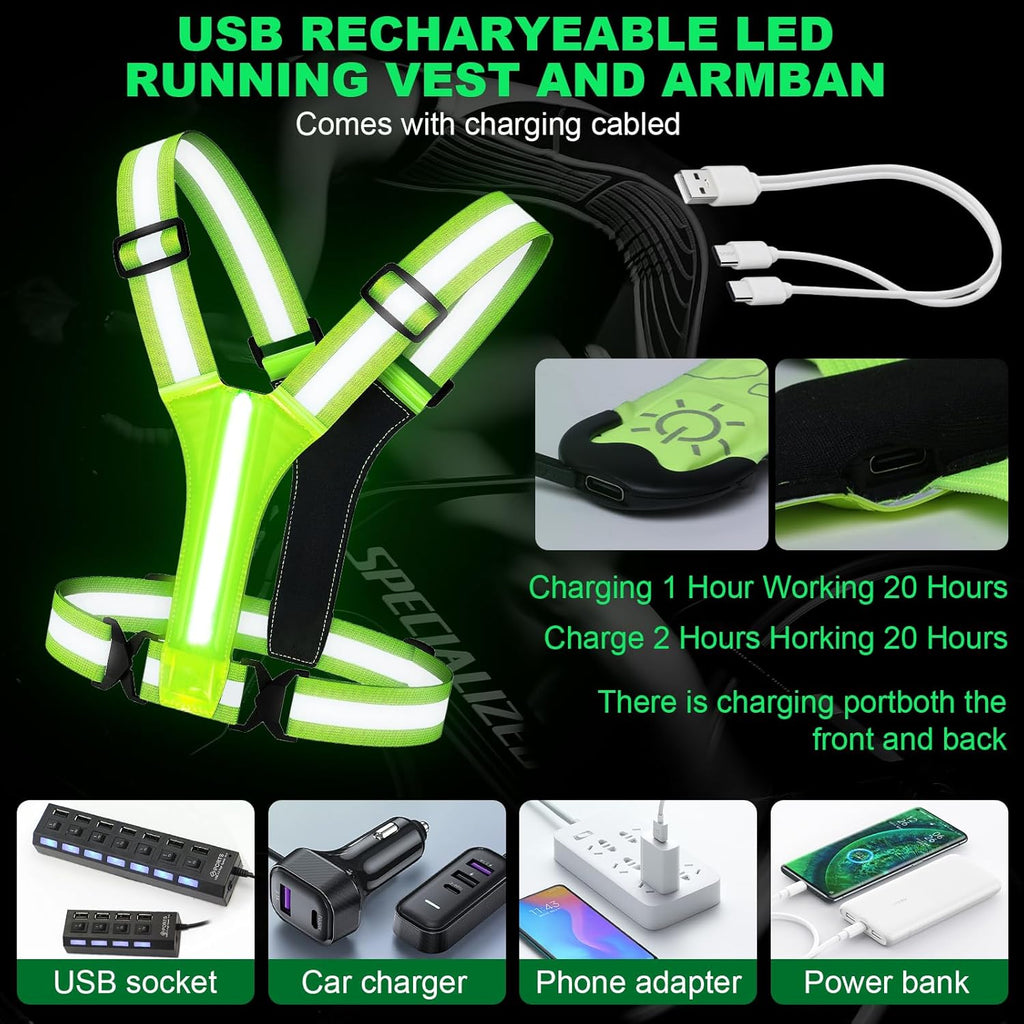 Skiennix Reflective Running Vest - Rechargeable LED Armband for Night Safety | Adjustable Size for All Ages