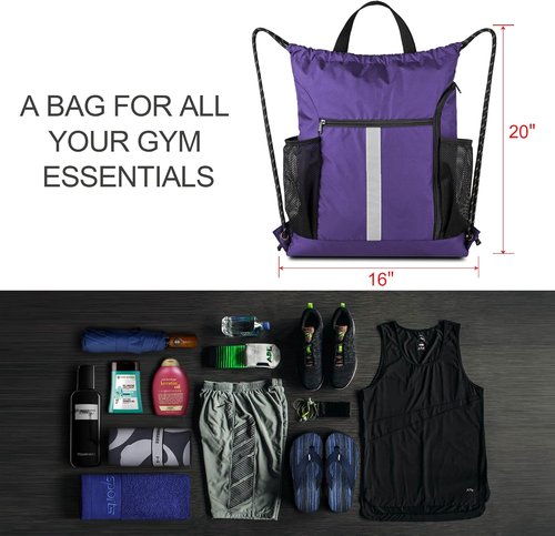 BeeGreen Gym Backpack - Lightweight Purple String Bag with Shoe Compartment & 2 Water Bottle Holders