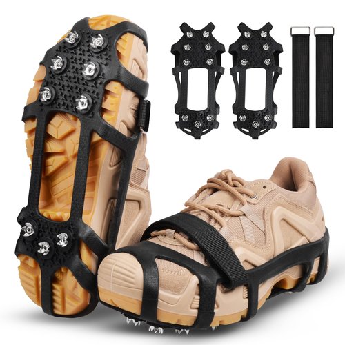 Ice Snow Cleats for Shoes and Boots 9 Studs Crampons Shoe Spikes for Snow and Ice Non-Slip Ice Shoes Grippers with Adjustable Straps Overshoe for Women Men Kids Hiking Walking Ice Fishing