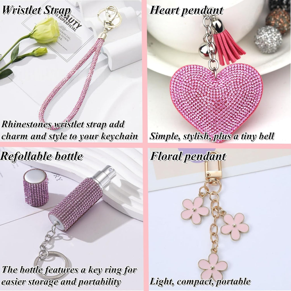 Skiennix Gift Keychain Set - Stylish Wrist Strap, Heart Accessory, Petal Decor & Pom Pom