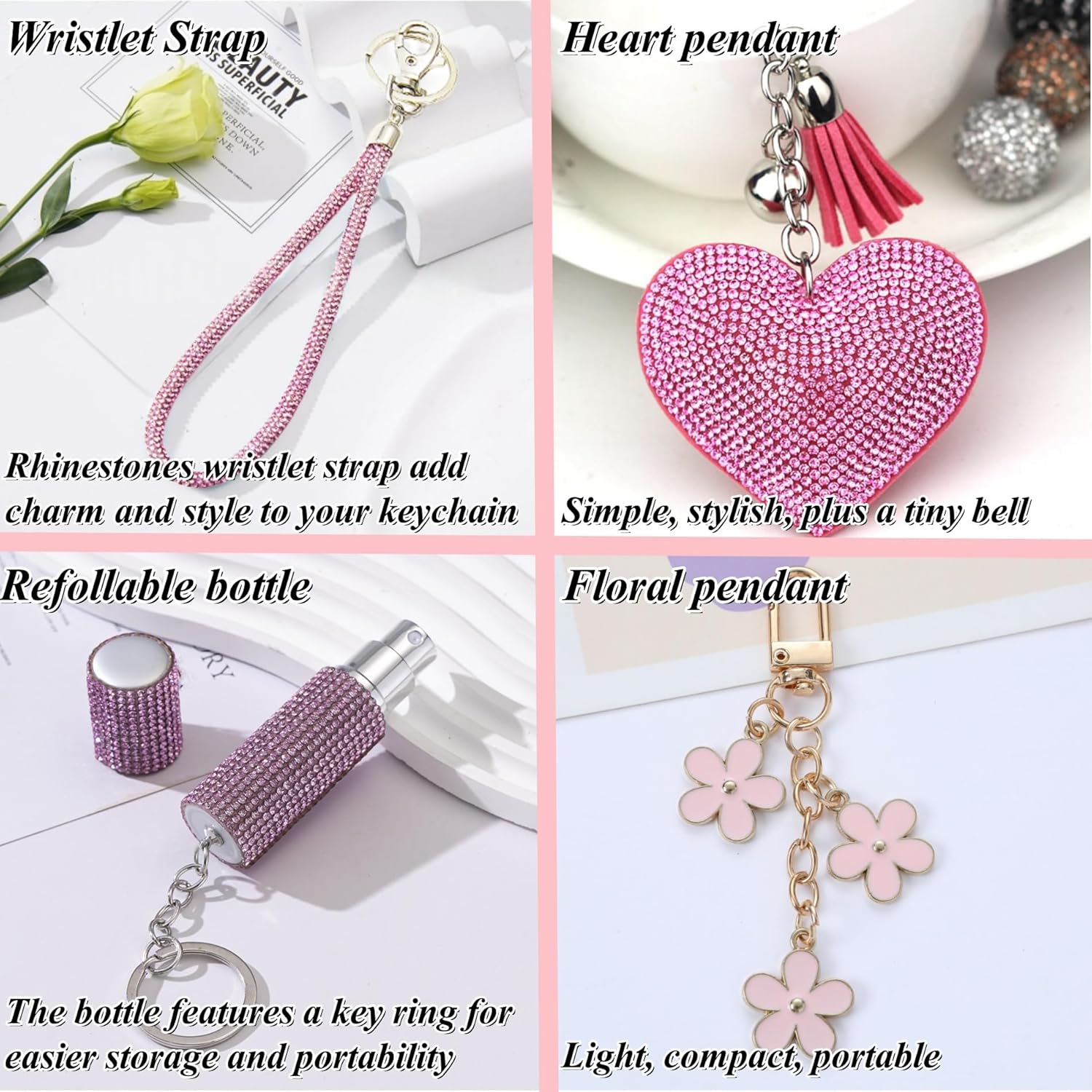 Skiennix Gift Keychain Set - Stylish Wrist Strap, Heart Accessory, Petal Decor & Pom Pom