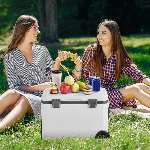 VEVOR Portable Cooler, 45 QT Wheeled Camping Cooler with Ice Retention, Heavy-Duty Handles and Cup Holder, Lightweight Rigid Material Insulated Portable Design, for Family Picnics and Long Trips