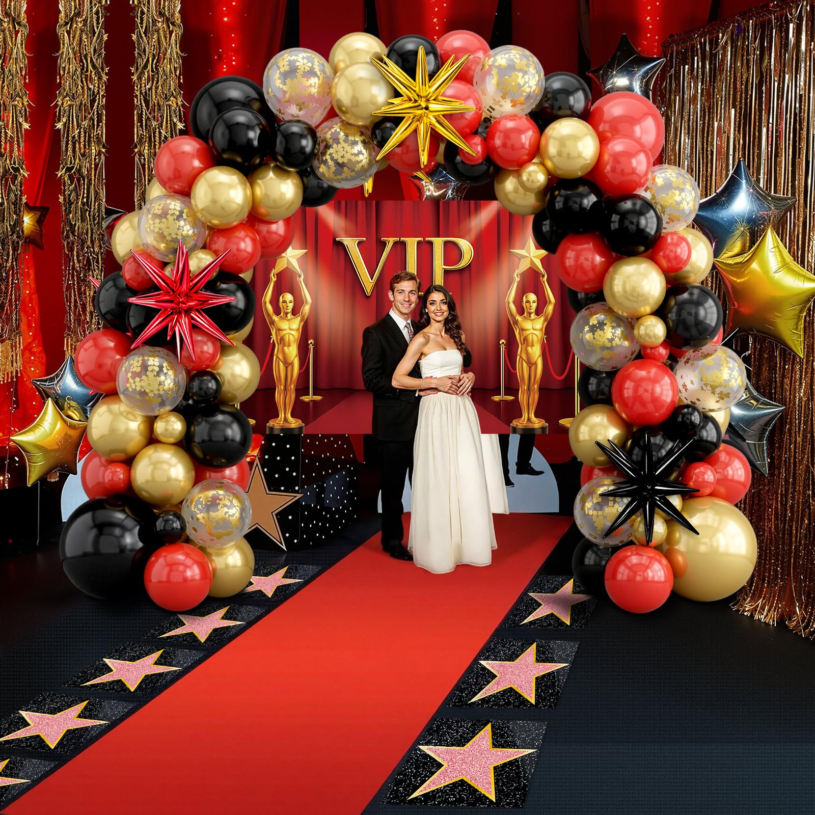 Tiamon 108 Pcs VIP Theme Party Decorations - Red Carpet with VIP Photo Backdrop Star Stickers Red Gold Black Balloons Markers for Movie Night Themed Prom Birthday Party Decorations
