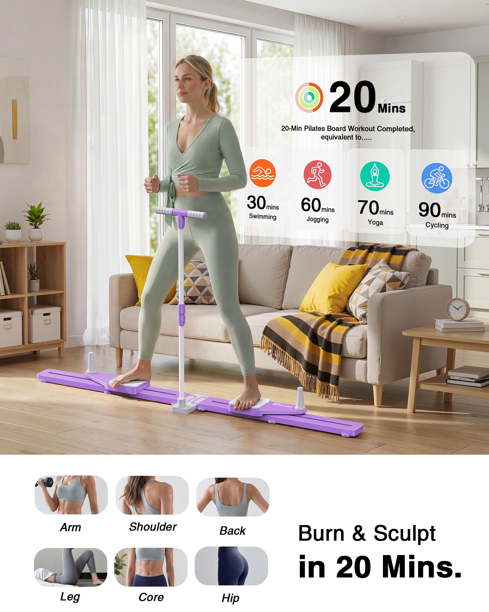 SolidFit 6-in-1 Pliates Board with Handrail & Resistance Bands - 2026 Upgrade Multifunctional Pilates Slider Board Anti-Slip Silent Portable Pilates Reformer for Home Full Body Workout Purple