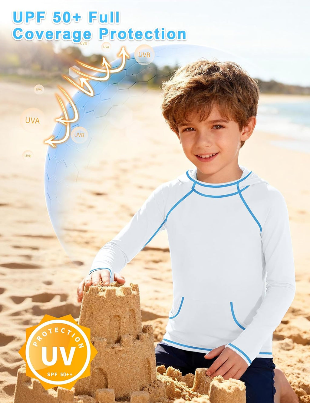 Skiennix Boys Rash Guard Hoodie - Long Sleeve UPF 50+ Swim Shirt with Pocket for UV Protection