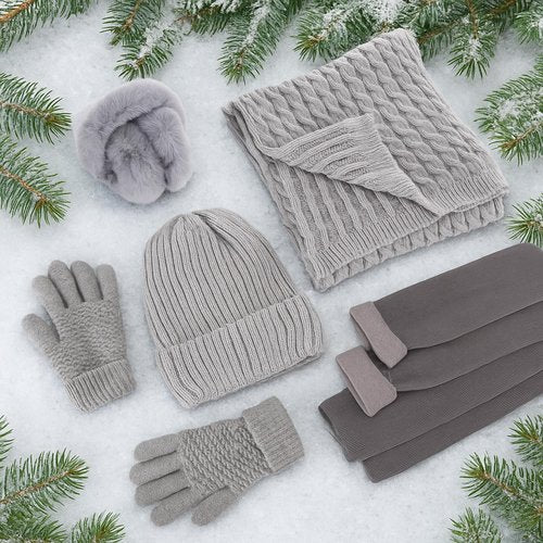 Geyoga 6 Pcs Winter Warm Set for Women Warm Beanies Hats Touchscreen Gloves Long Scarf Ear Muffs Socks Winter Gifts for Women(Gray,Minimalist)