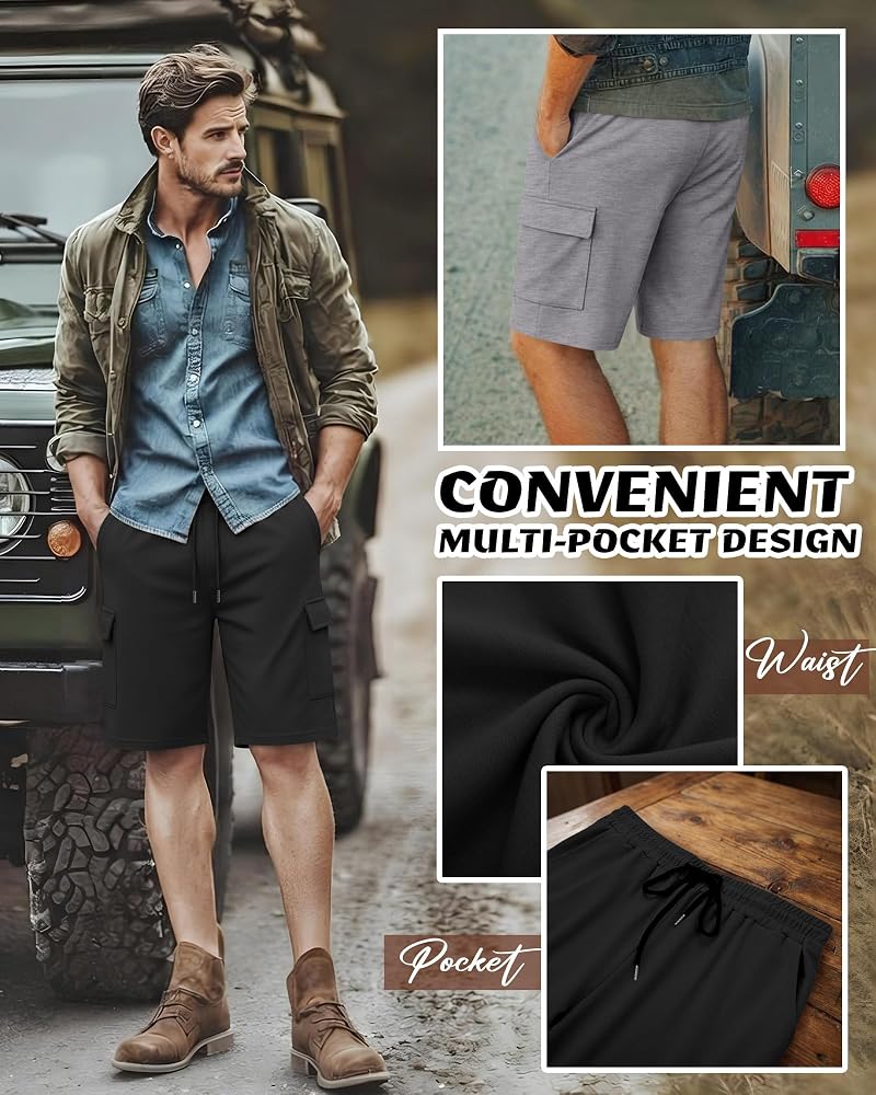 Men's 3 Pack Cargo Shorts – Athletic Sweatshorts with Pockets, Drawstring Waistband, Lightweight 95% Polyester 5% Spandex – Black, Light Gray, Dark Gray (XL) Variation