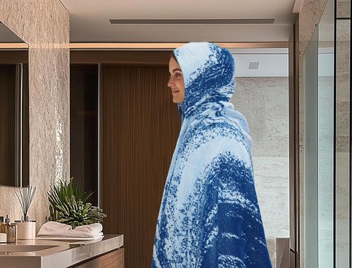 COTTON CRAFT Hooded Beach Towel - Oversized XXL 35x84 Soft Cotton Velour - Waves Blue for Adults