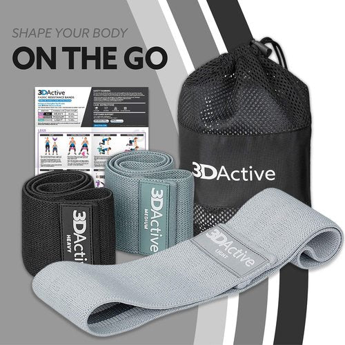 3DActive Fabric Resistance Bands for Legs & Butt. Wide Non-Slip Hip Band Set for Home & Gym Workouts. Exercise Guide & Carry Bag Included - Black, Dark Grey, Light Grey.