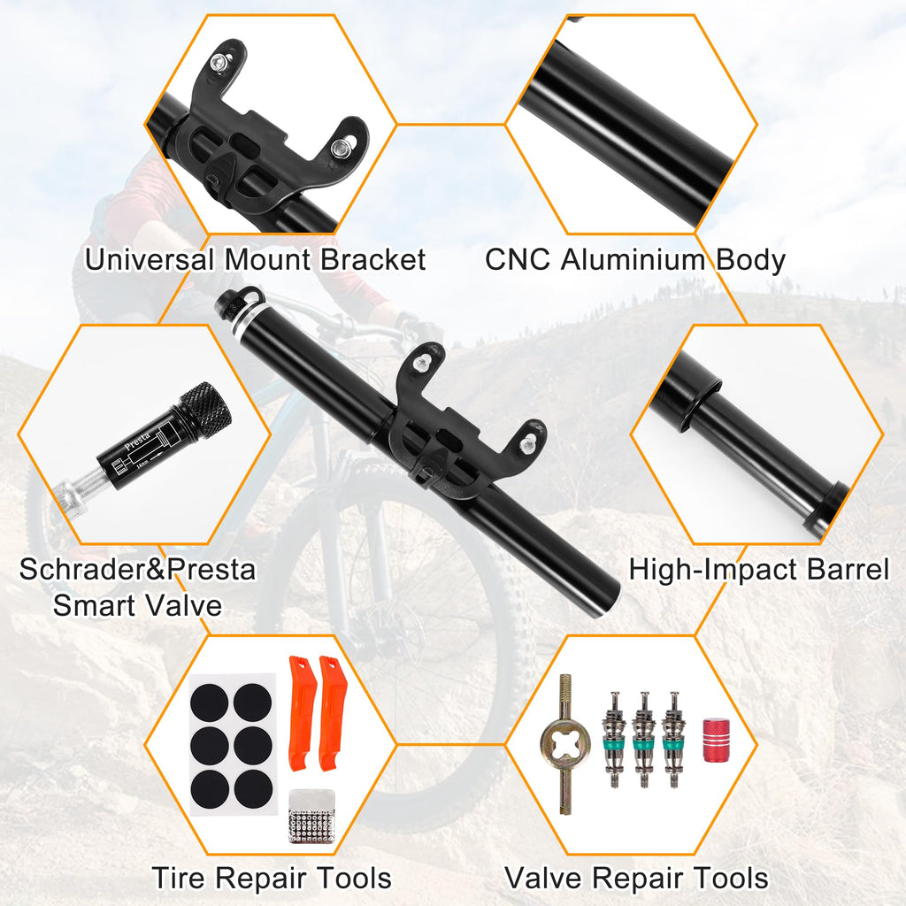 RUTU Bike Pump Portable - Mini Bike Pump 120PSI - Made of 6061 CNC Aluminum Alloy - Compatible with Presta & Schrader Valves - Includes Bike Frame Mount & Tire Repair Kit