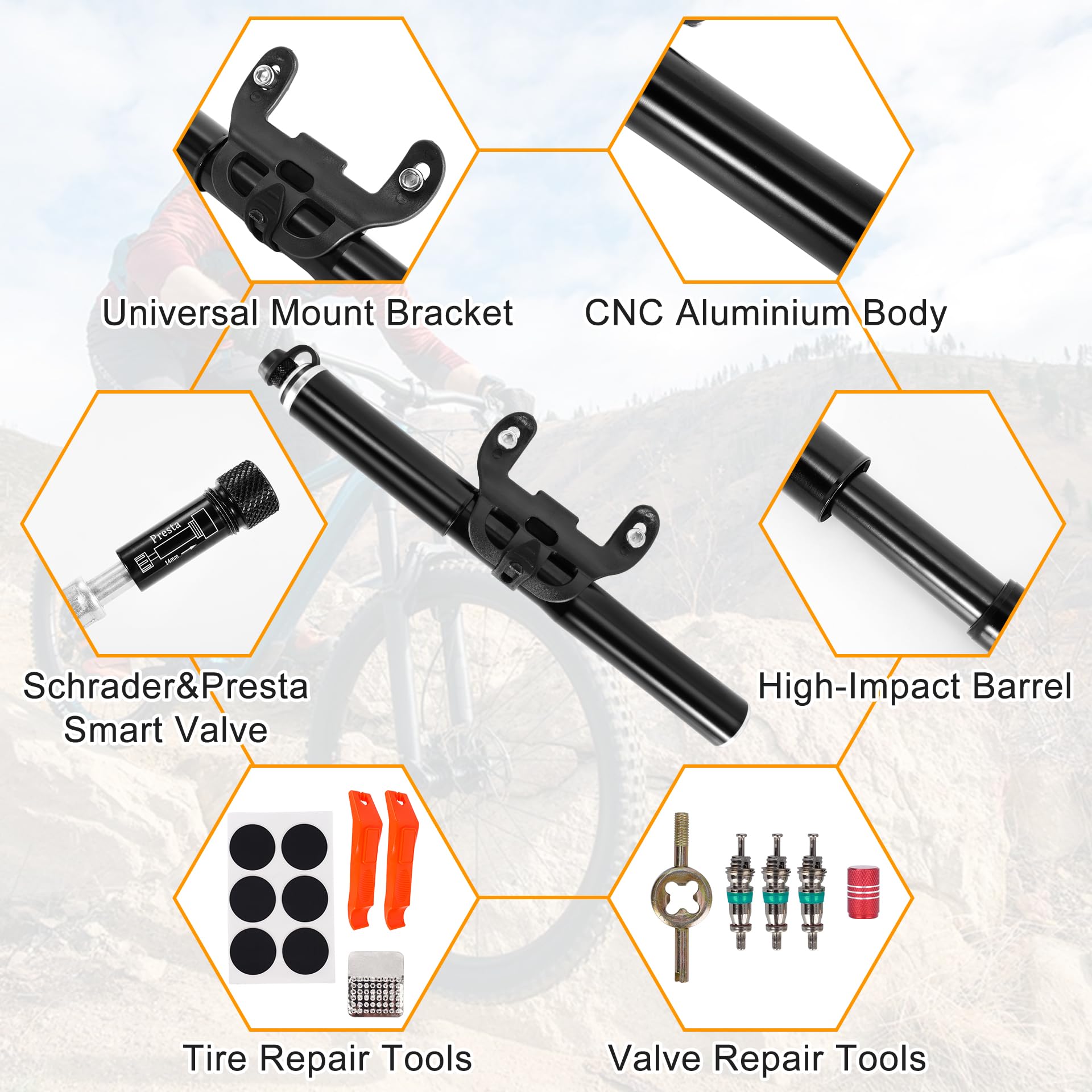 RUTU Bike Pump Portable - Mini Bike Pump 120PSI - Made of 6061 CNC Aluminum Alloy - Compatible with Presta & Schrader Valves - Includes Bike Frame Mount & Tire Repair Kit