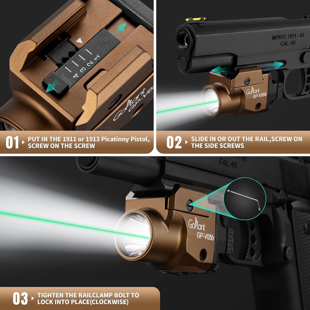 Skiennix 1500 Lumens Tactical Pistol Flashlight - Compact Aircraft-Grade Aluminum with Green Laser Combo