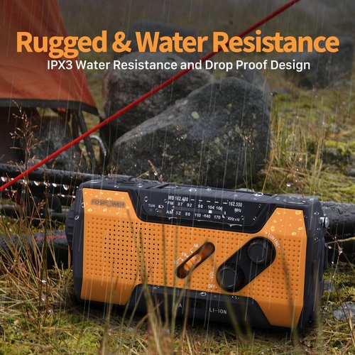 FosPower NOAA Emergency Weather Radio - Portable Power Bank with AM/FM, USB/Solar/Hand Crank Charging | Orange
