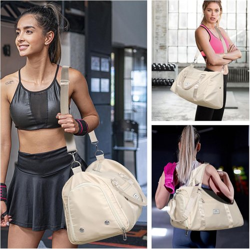 FIORETTO Women's Gym Tote Duffle Bag - Wet Pocket & Shoe Compartment | Beige Sports Weekender Bag