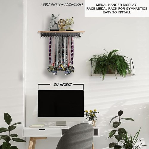 Defined Deco Medal Hanger - Wooden Trophy Shelf With 32 Hooks for Wall Mount Display | Ideal for Gymnastics, Soccer, Running Medals