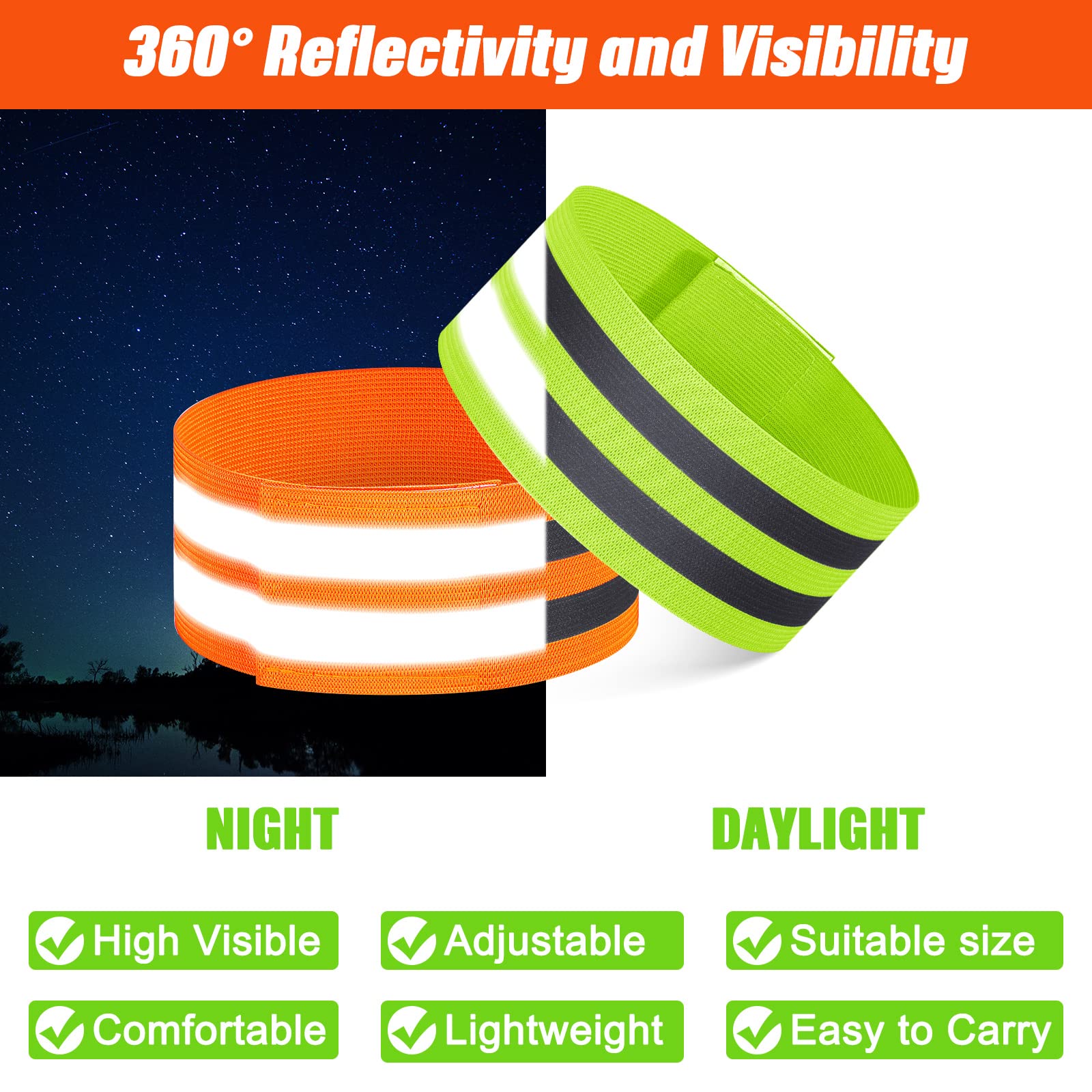 Yilloog 100 Pcs Reflective Arm Bands for Night Walking Reflector Bands Wrist Arm Ankle Leg High Visibility Reflective Gear Safety Reflector Tape Straps for Cycling and Running(Green, Orange)
