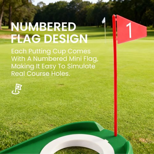 FINGER TEN Golf Putting Cup with Numbered Flag Design Value 6 or 9 Pack, Durable Plastic Practice Cups Golf Training Aids, Lightweight Easy to Carry for Office Backyard Indoor Outdoor (Green-9 Pack)