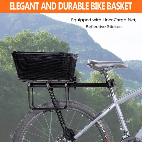 YONTUO Rear Bike Basket with Liner,Large Bicycle Basket with Waterproof Cover,Bicycle Rear Basket with Cargo Net,Great for Bike Trip,Carrying Grocery and Some Heavy Load，BCB04