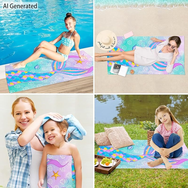 Mermaid Beach Towel for Kids 30x60 in - Mermaid Girl Print, Variation: Mermaid+30"x60"
