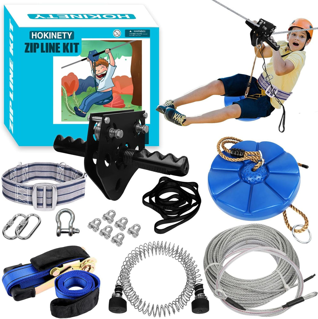 Zip Line Kit - 100FT/120FT/150FT/200FT for Kids & Adults | Up to 380Lbs Capacity with Rust-Proof Trolley & Spring Brake