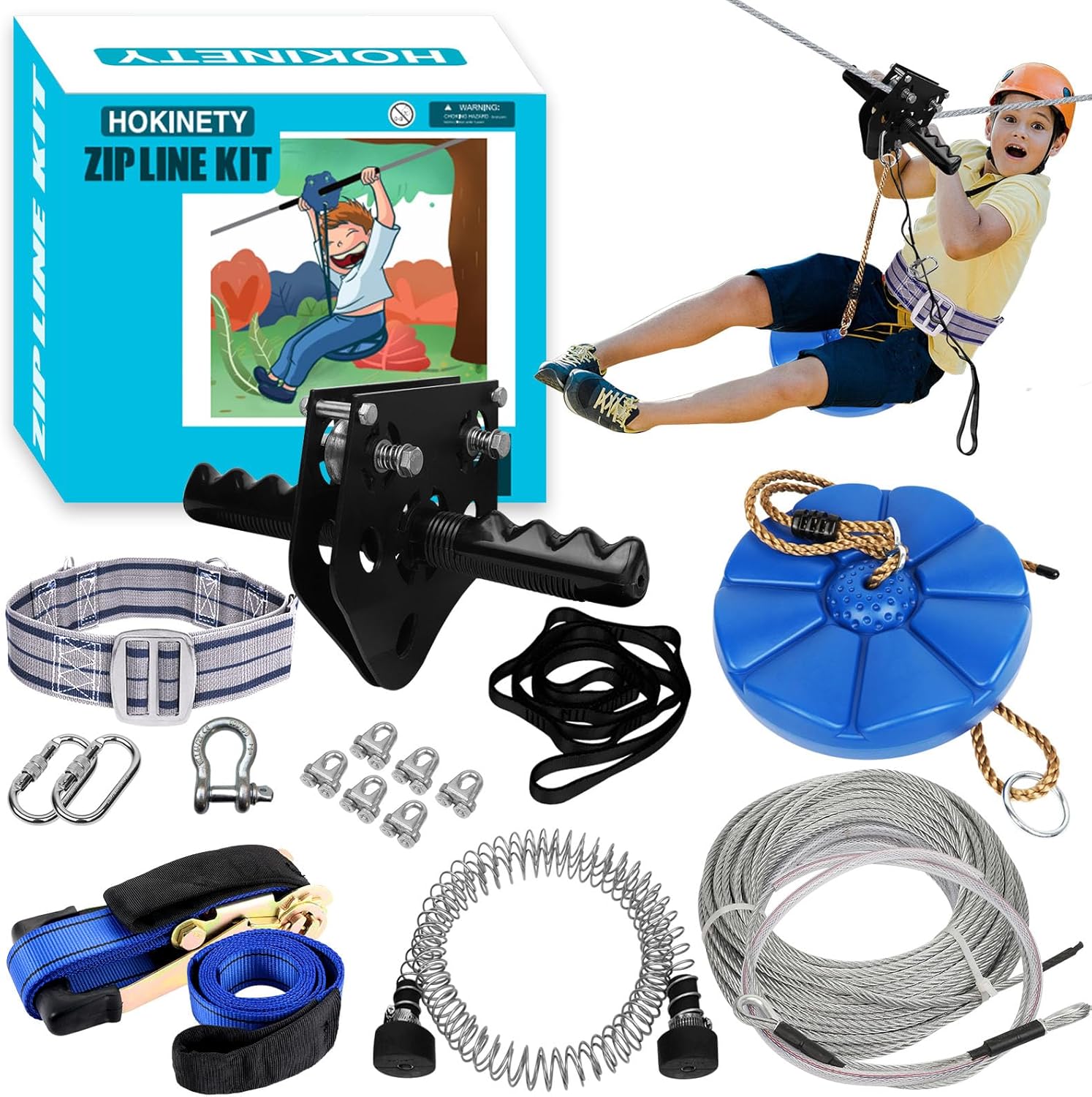 Zip Line Kit - 100FT/120FT/150FT/200FT for Kids & Adults | Up to 380Lbs Capacity with Rust-Proof Trolley & Spring Brake