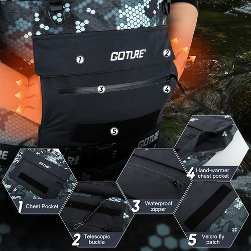 Goture Waterproof Fly Fishing Waders - 5-Layer Breathable Design with Multiple Storage Pockets | 5 Sizes Available