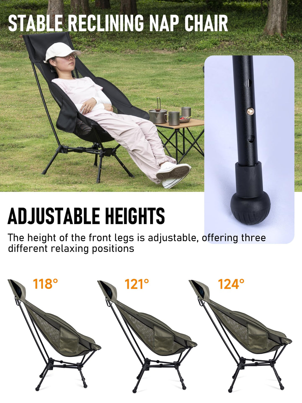 WildCall Lightweight Folding High Back Camping Chair with Head Support, Compact Beach Chair with Anti-Sinking Large Feet and Three Tilt Angles Adjustment