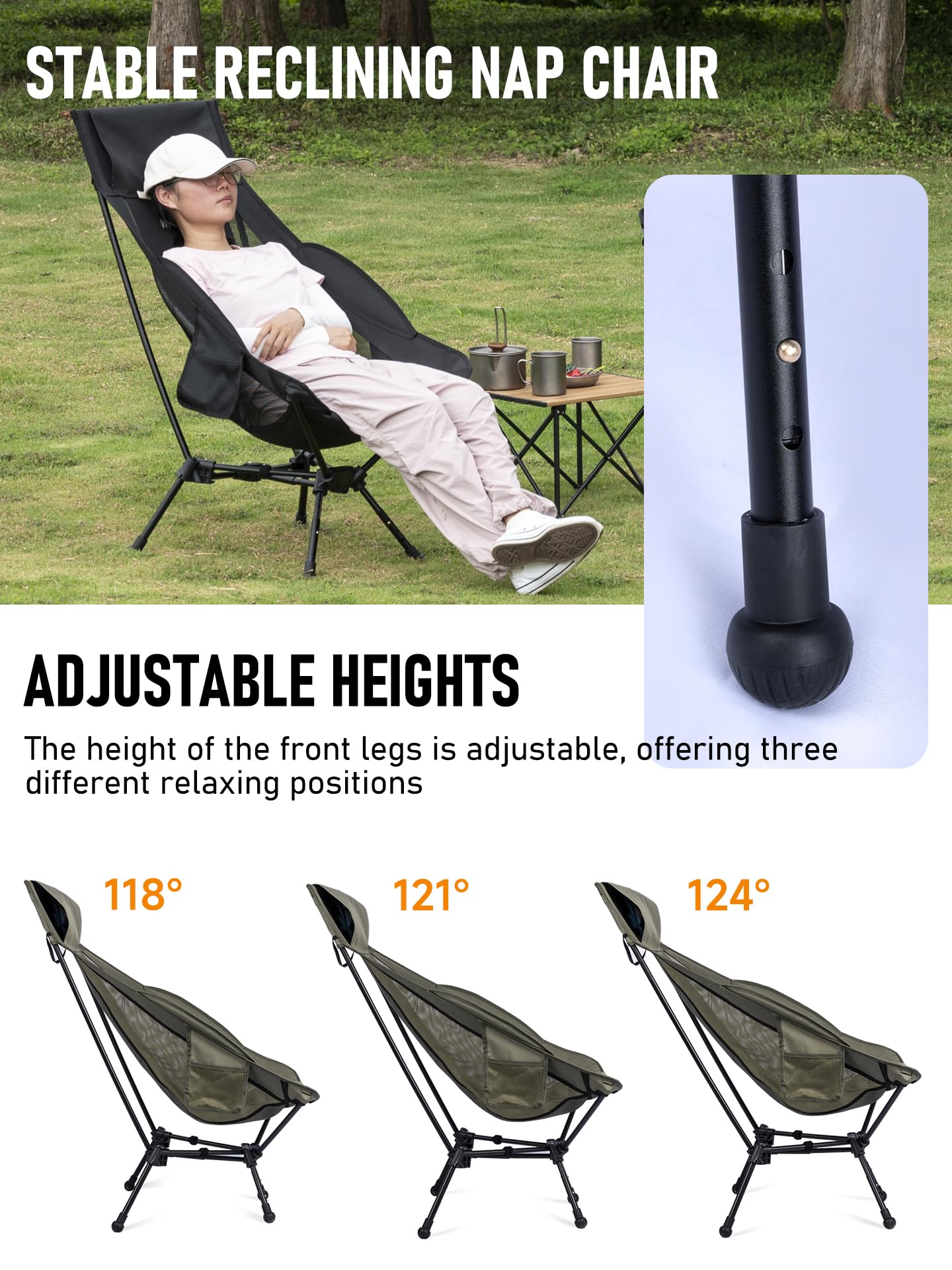 WildCall Lightweight Folding High Back Camping Chair with Head Support, Compact Beach Chair with Anti-Sinking Large Feet and Three Tilt Angles Adjustment