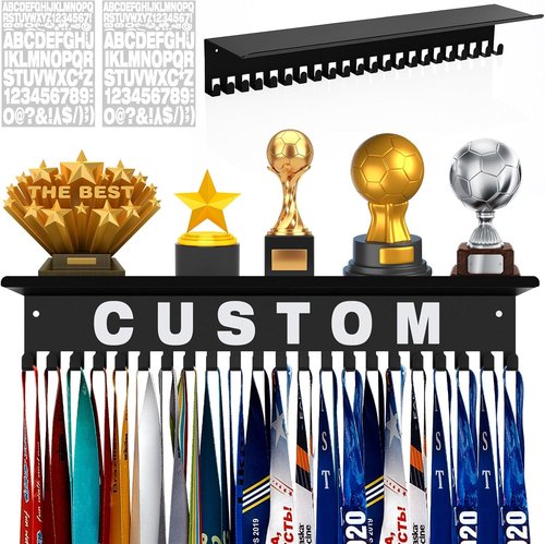 Moxweyeni Medal Hanger Display - Non-Slip Wall Mount Trophy Shelf with 22 Hooks & DIY Alphabet Stickers