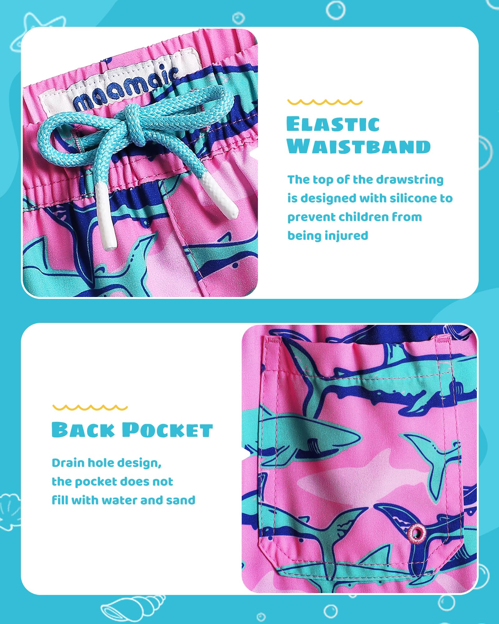 maamgic Boys Swim Trunks with Compression Liner Toddler Stretch Swim Shorts Quick Dry Swimming Trunks Boxer Brief 2 in 1 Beach Shorts Pink Blue Shark 4T