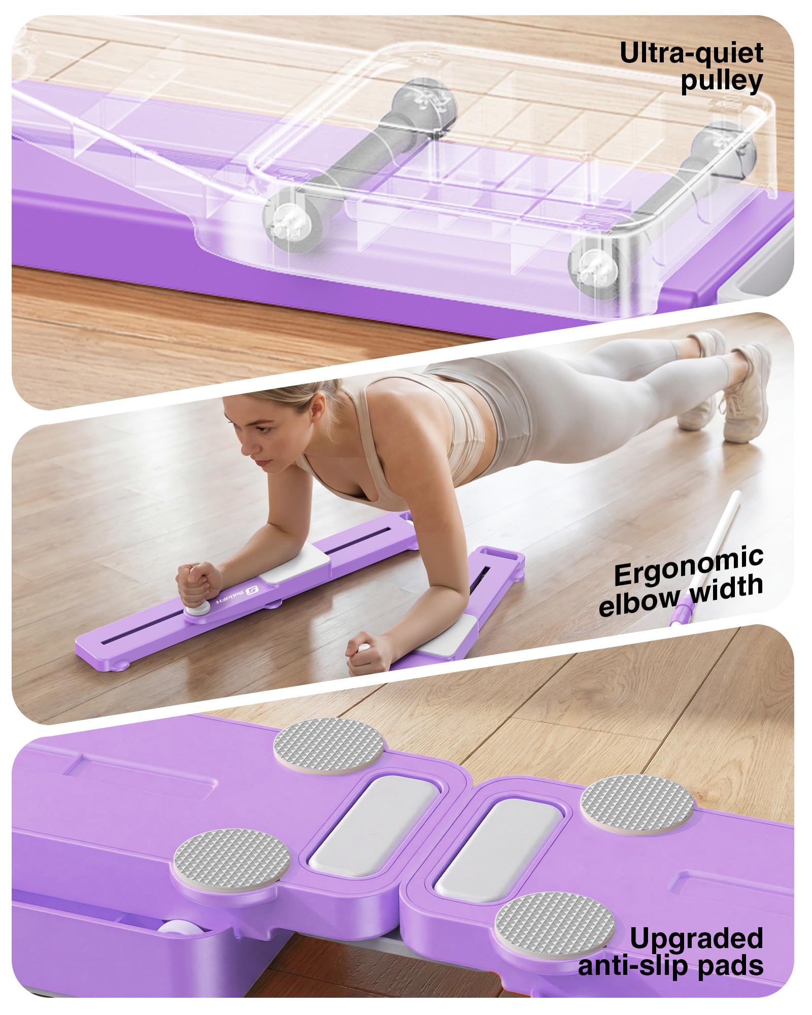 SolidFit 6-in-1 Pliates Board with Handrail & Resistance Bands - 2026 Upgrade Multifunctional Pilates Slider Board Anti-Slip Silent Portable Pilates Reformer for Home Full Body Workout Purple