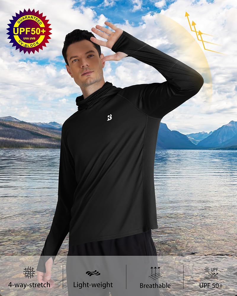 Roadbox UPF 50+ Hooded Rash Guard - Long Sleeve Sun Protection Shirt, Black, XXL